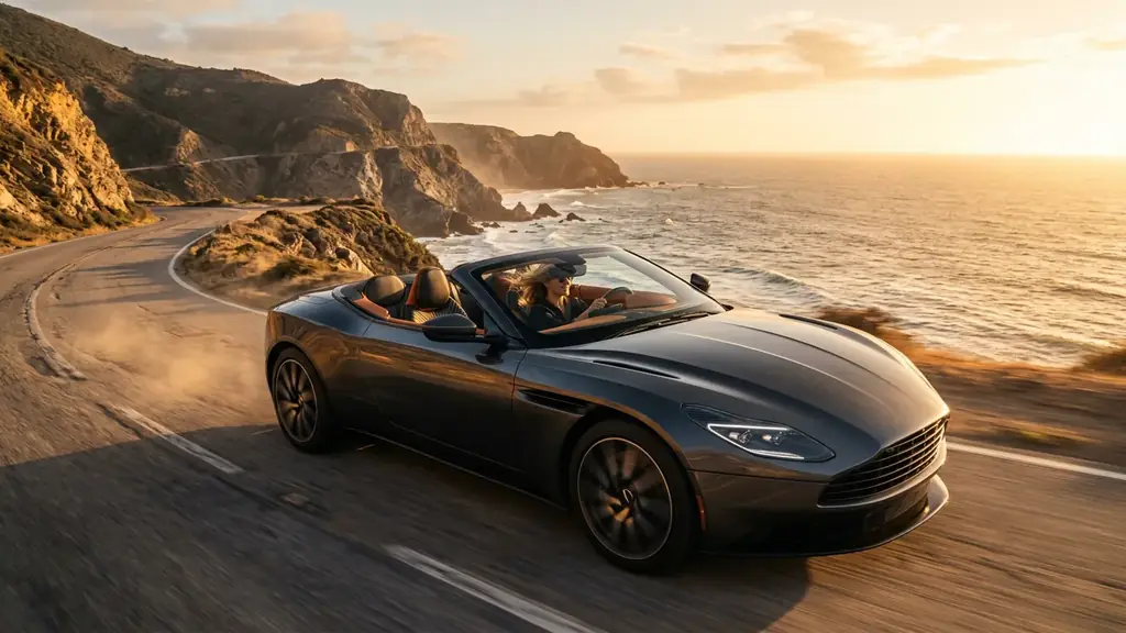 Cabriolet de luxe générique capote baissée sur une route côtière à l'heure dorée