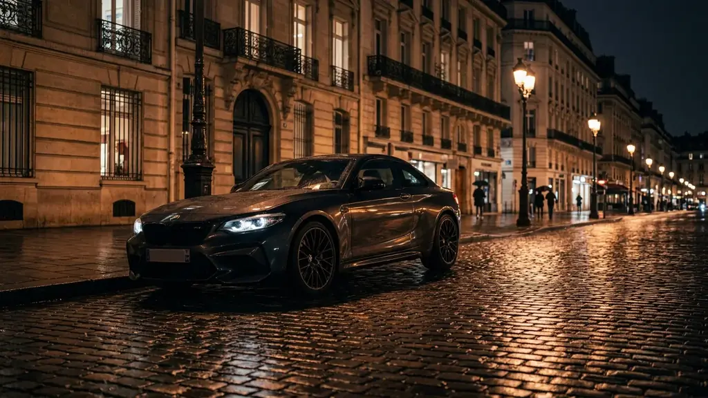 Coupé de luxe générique sur un boulevard parisien nocturne, pavés humides et façades haussmanniennes