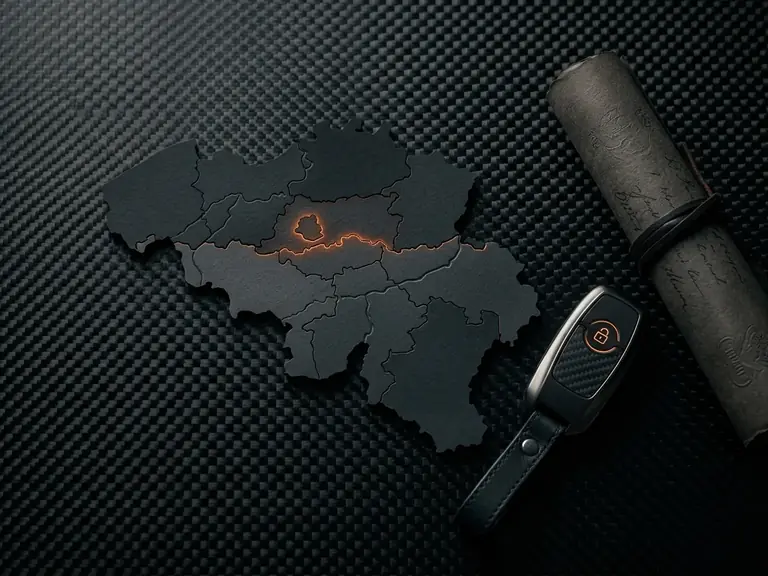 Carte stylisée des trois régions belges avec clé de voiture et document, mise à plat éditoriale sombre