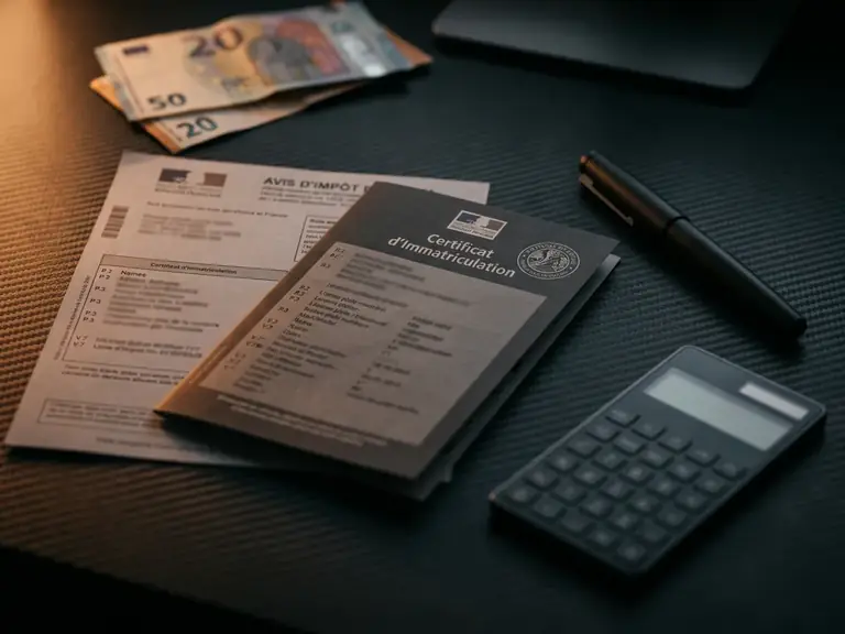 Nature morte de la carte grise française : stylo, calculatrice et billets sur un bureau sombre