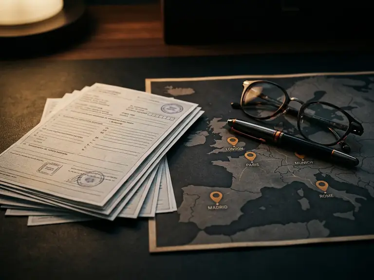Documents d'immatriculation et carte de l'Europe de l'Ouest, nature morte éditoriale sombre