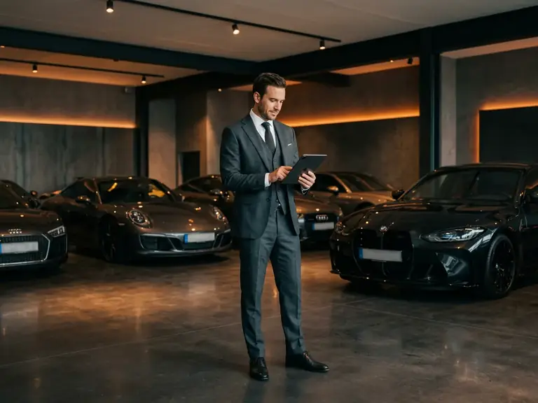Marchand professionnel gerant son stock de voitures de luxe