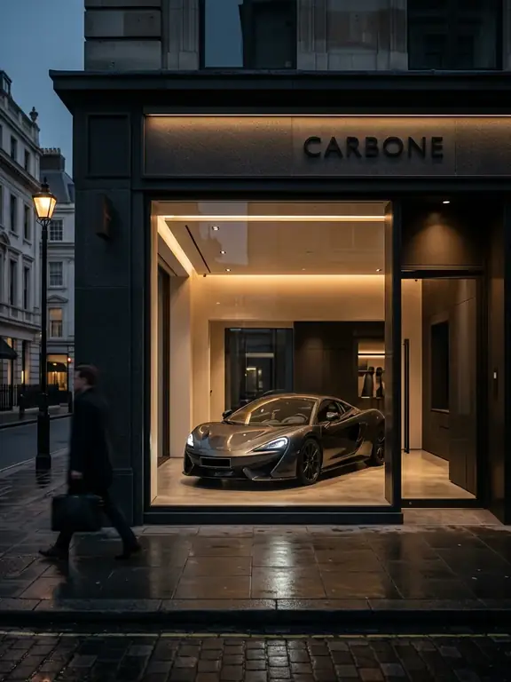 Vitrine d'une concession premium avec voiture de sport en devanture