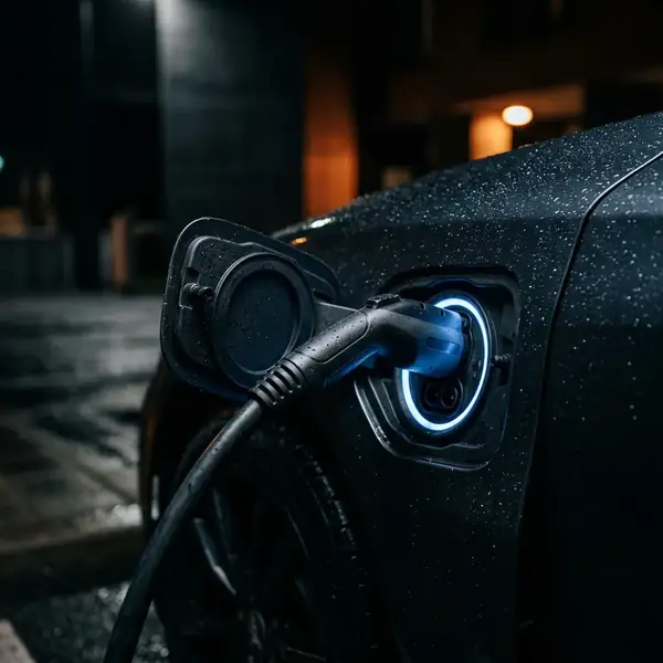 Gros plan sur la prise de charge d'une voiture électrique avec anneau lumineux