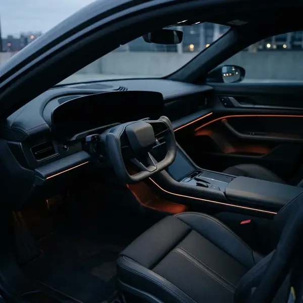 Intérieur épuré de sportive électrique, grand écran éteint et volant fin