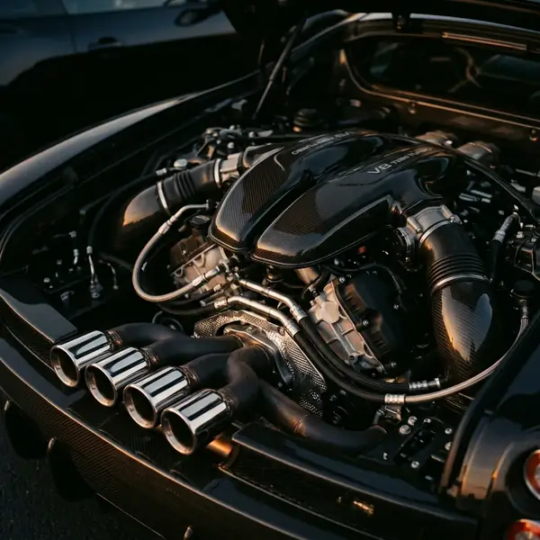 Détail d'un compartiment moteur V8 et de sorties d'échappement chromées