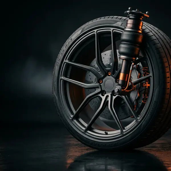 Gros plan sur une grande jante de SUV et sa suspension pneumatique