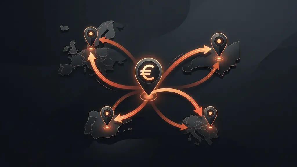 Illustration conceptuelle de la TVA transfrontaliere : symbole euro et fleches
