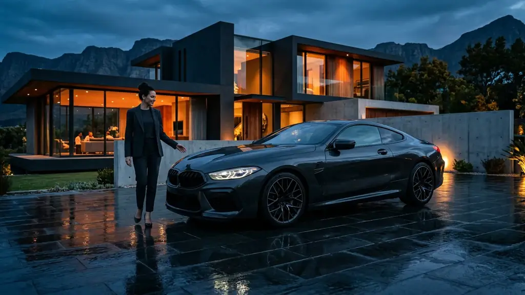 Proprietaire presentant sa voiture de sport de luxe devant une villa au crepuscule