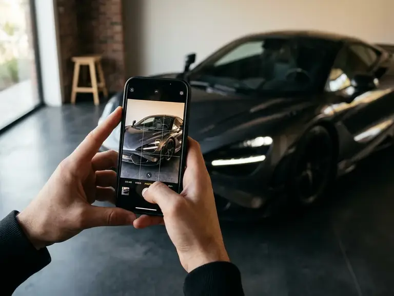 Prise de photo d'une voiture de luxe au smartphone pour creer une annonce
